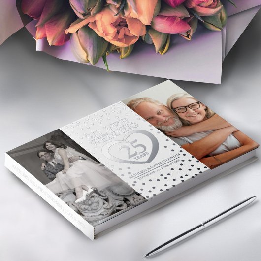 Silberherz 25. Hochzeitstag Fotos blau Gästebuch