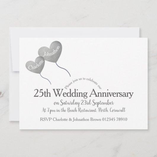 Silberherz-Ballon zum 25. Hochzeitstag Einladung (Rückseite)