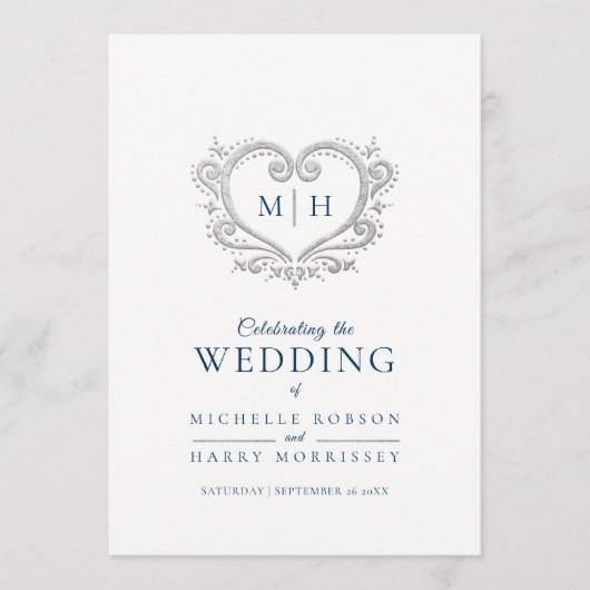 Silberherz dunkelblau-weiße Hochzeitsfeier Programm (Vorderseite)