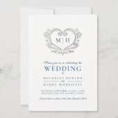 Silberherz Hochzeit prussianisch blau-weiß Einladung (Vorderseite)