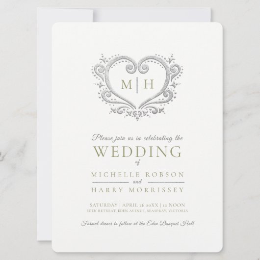 Silberherz-Hochzeitsfarn grün und weiß Einladung (Vorderseite)