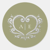 Silberherz-Monogramm Farn-grüne Hochzeit Runder Aufkleber (Vorderseite)