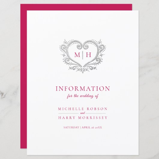 Silberherz-Monogramm-Hochzeitsgast-Informationen (Vorne/Hinten)