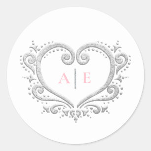 Silberherz-Monogramm rosa Text auf weißer Hochzeit Runder Aufkleber