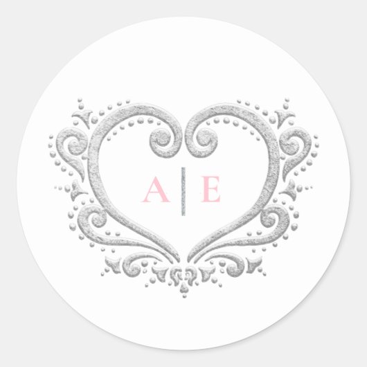 Silberherz-Monogramm rosa Text auf weißer Hochzeit Runder Aufkleber (Vorderseite)