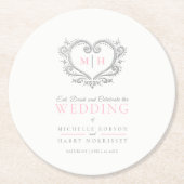 Silberherz-Rosa-Kranz-Monogramm Hochzeit Runder Pappuntersetzer (Vorderseite)