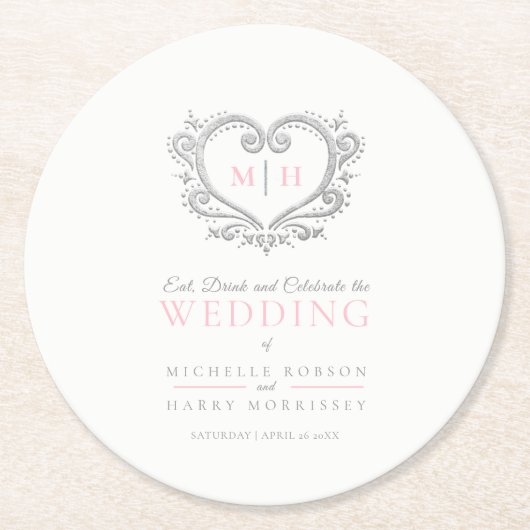 Silberherz-Rosa-Kranz-Monogramm Hochzeit Runder Pappuntersetzer (Vorderseite)