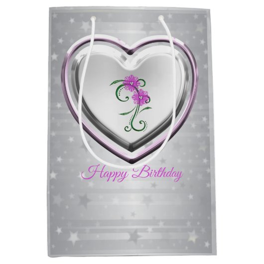 Silberherz und violette Blumen Mittlere Geschenktüte (Vorderseite)