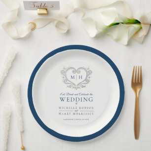 Silberherzblaue Kranz-Monogramm-Hochzeit Pappteller