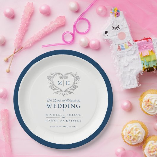 Silberherzblaue Kranz-Monogramm-Hochzeit Pappteller (Party)