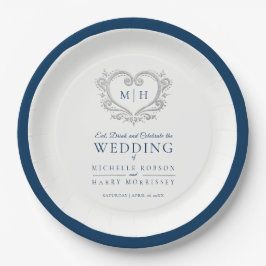 Silberherzblaue Kranz-Monogramm-Hochzeit Pappteller