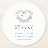 Silberherzblaue Kranz-Monogramm-Hochzeit Runder Pappuntersetzer (Vorderseite)