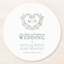 Silberherzblaue Kranz-Monogramm-Hochzeit Runder Pappuntersetzer