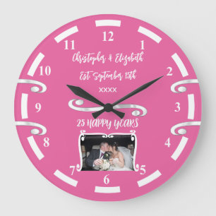 Silberhochzeit 25 Jahre Namen Foto rosa Große Wanduhr