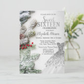 Silberkleid, Kiefernbaumzweige Sweet 16 Party Einladung (Stehend Vorderseite)