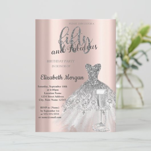 Silberkleid Prosecco Perlen 50. Geburtstag Einladung (Stehend Vorderseite)