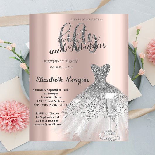 Silberkleid Prosecco Perlen 50. Geburtstag Einladung