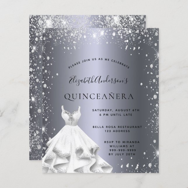 Silberkleid Quinceanera Glitzer Einladung (Vorne/Hinten)