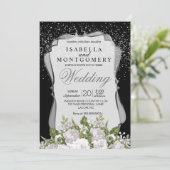 Silberkonfetti, Schwarz-Weiß-Blumenzehen Einladung (Stehend Vorderseite)