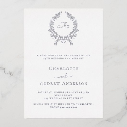 Silberkranz-Monogramm 25. Hochzeitstag Folieneinladung (Vorderseite)