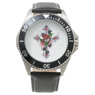 Silberkreuz mit Rote Rose Armbanduhr