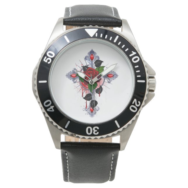 Silberkreuz mit Rote Rose Armbanduhr (Vorderseite)