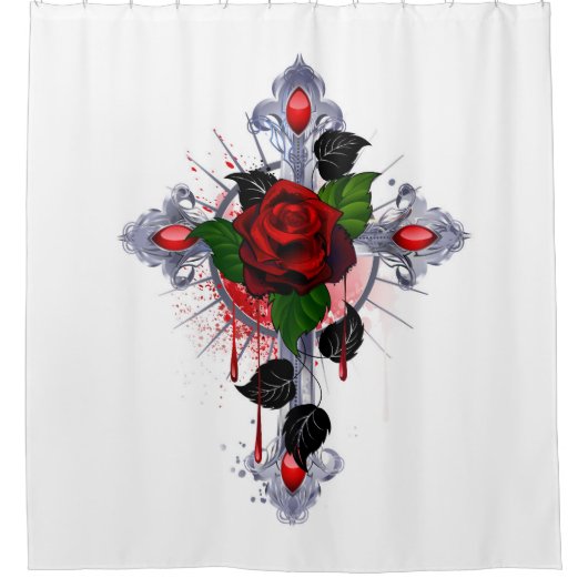 Silberkreuz mit Rote Rose Duschvorhang (Vorderseite)