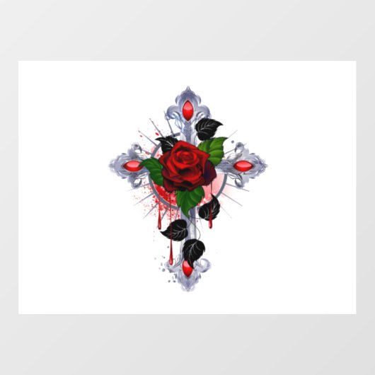 Silberkreuz mit Rote Rose Fensteraufkleber (Blatt)