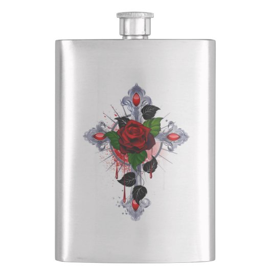 Silberkreuz mit Rote Rose Flachmann (Vorderseite)