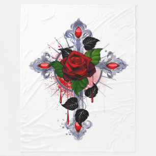Silberkreuz mit Rote Rose Fleecedecke
