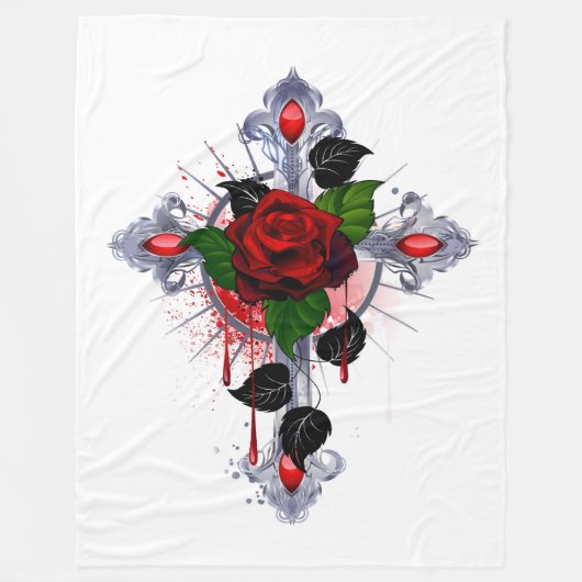 Silberkreuz mit Rote Rose Fleecedecke (Vorderseite)