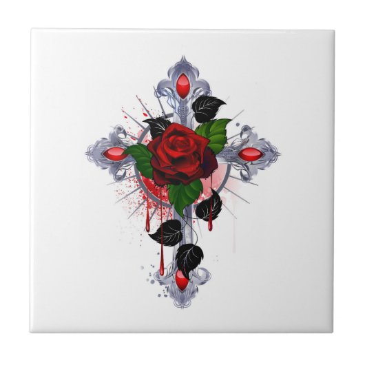 Silberkreuz mit Rote Rose Fliese (Vorderseite)