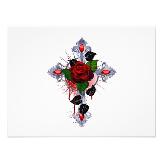 Silberkreuz mit Rote Rose Fotodruck (Vorne)