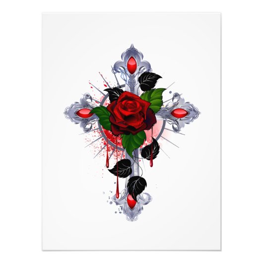 Silberkreuz mit Rote Rose Fotodruck (Vorne)