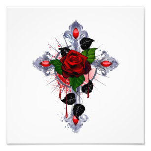 Silberkreuz mit Rote Rose Fotodruck