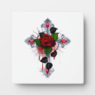 Silberkreuz mit Rote Rose Fotoplatte