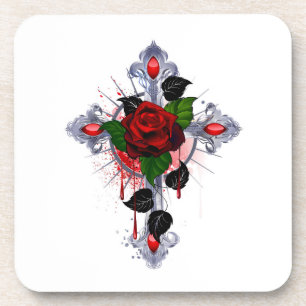Silberkreuz mit Rote Rose Getränkeuntersetzer