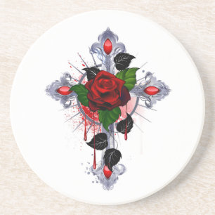 Silberkreuz mit Rote Rose Getränkeuntersetzer