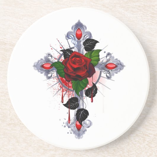 Silberkreuz mit Rote Rose Getränkeuntersetzer (Vorne)