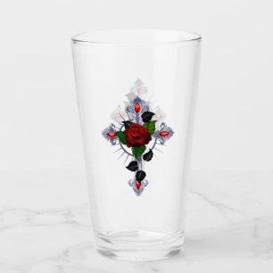 Silberkreuz mit Rote Rose Glas