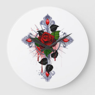 Silberkreuz mit Rote Rose Große Wanduhr