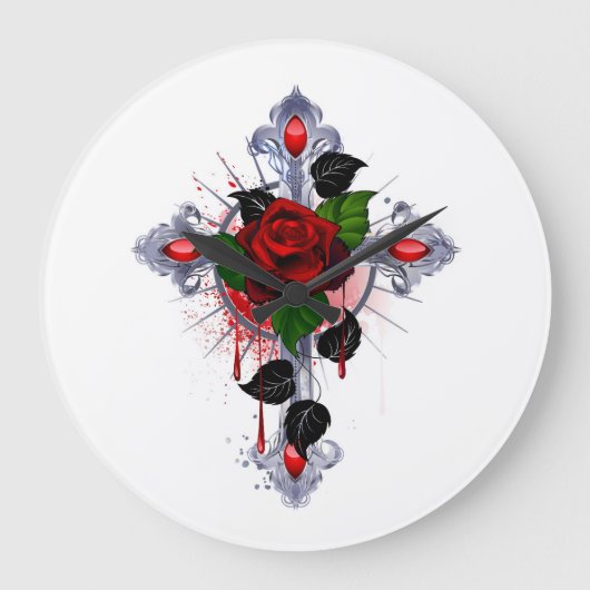 Silberkreuz mit Rote Rose Große Wanduhr (Vorderseite)