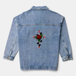 Silberkreuz mit Rote Rose Jeansjacke