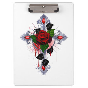 Silberkreuz mit Rote Rose Klemmbrett