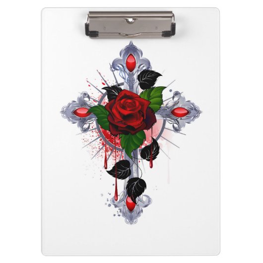 Silberkreuz mit Rote Rose Klemmbrett (Vorderseite)
