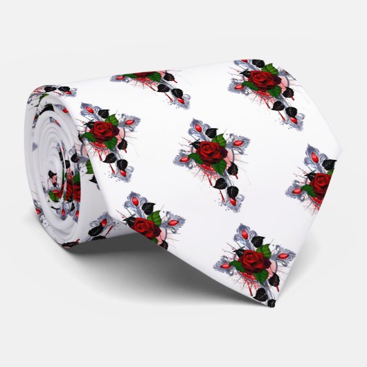 Silberkreuz mit Rote Rose Krawatte (Gerollt)