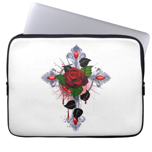 Silberkreuz mit Rote Rose Laptopschutzhülle (Vorderseite)