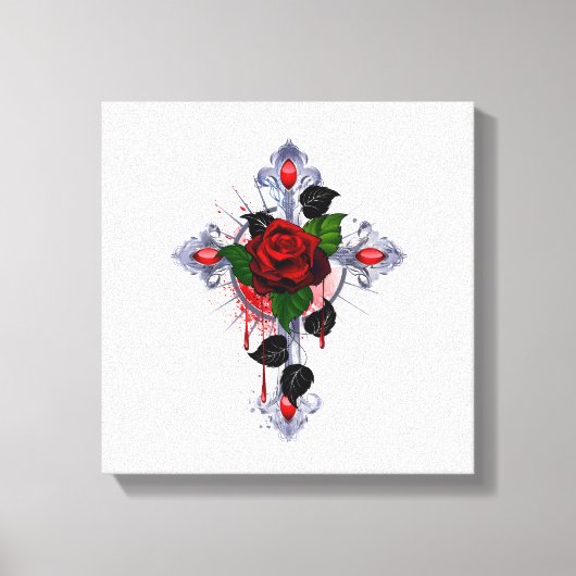 Silberkreuz mit Rote Rose Leinwanddruck (Vorderseite)
