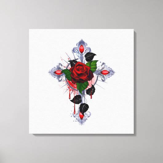 Silberkreuz mit Rote Rose Leinwanddruck (Vorderseite)