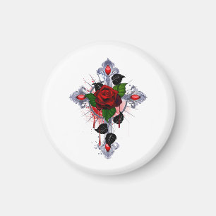 Silberkreuz mit Rote Rose Magnet